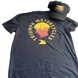 Triumph Motorcycles Sunset Graphic T Shirt and Roadtrip Trucker Hat Sz‎ M Black